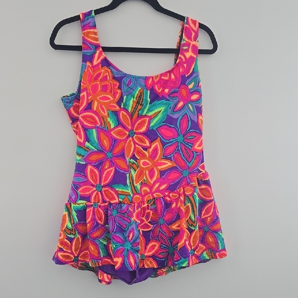 Vintage Neon Floral Plus Size One Piece Swimsuit Leotard Hawaiian Flowers Sze 24